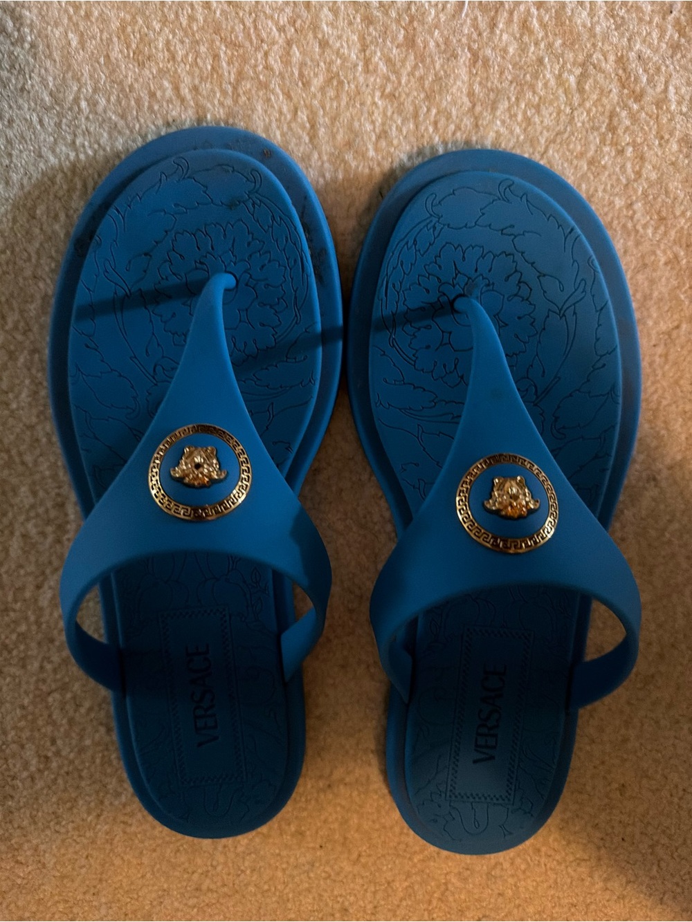 Versace Blue Kids' Medusa Thong Sandals with Gold Emblem
